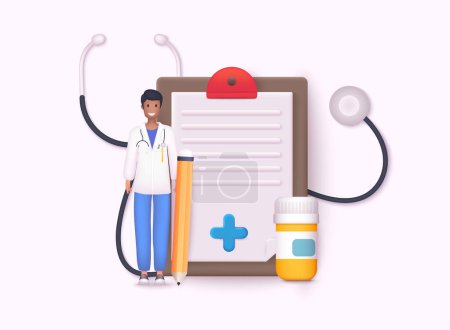 Illustration for First aid medicine with check list for health pharmaceutical. 3d doctor icon minimal of first aid and health care check. 3D Web Vector Illustrations. - Royalty Free Image