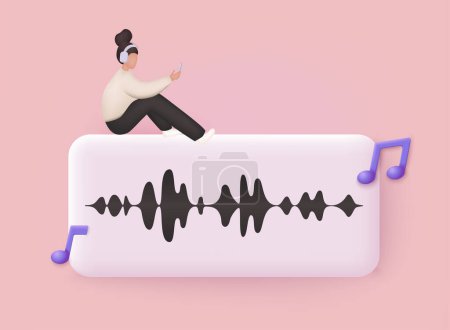 Illustration for Woman with headphones. Webinar, online training, radio show or audio blog podcast concept. 3D Web Vector Illustrations. - Royalty Free Image