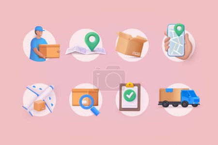 Illustration for Delivery icons set. Collection of 3D linear web icons such as Shipping By Air, Delivery Date, Courier, Warehouse, Return Search Parcel, Fast Shipping. 3D Web Vector Illustration. - Royalty Free Image