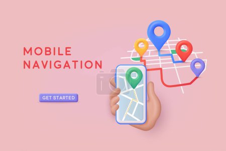 Illustration for Hand holding mobile smart phone with mobile Location  map app. GPS and Navigation Symbol. Element for Map, Social Media, Mobile Apps. 3D Web Vector Illustrations. - Royalty Free Image