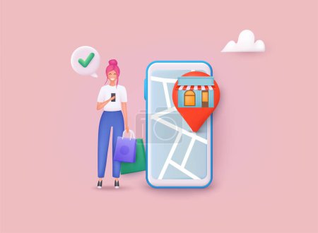 Illustration for Online shopping on application and website concept, digital marketing online, shopping cart with new items on smartphone screen. 3D Web Vector Illustrations. - Royalty Free Image