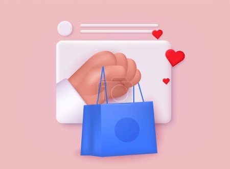 Illustration for Cartoon hand holding shopping bag coming out from screen. Online shopping or delivery concept illustration. 3D Web Vector Illustrations. - Royalty Free Image