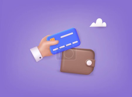 Illustration for Money wallet with credit card. Money transfer from card to wallet. Online payment concept. 3D Web Vector Illustrations. - Royalty Free Image