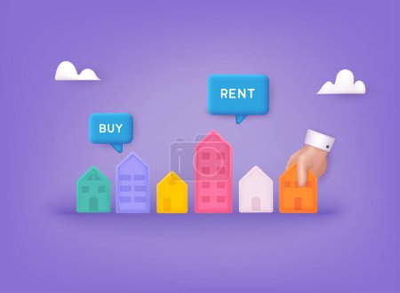 Illustration for Hand holding home with Buy or Rent speech bubbles. House selection, house project, real estate concept, 3d style illustration. 3D Web Vector Illustrations. - Royalty Free Image