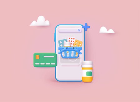 Illustration for Purchase, delivery of medicines to your home. home first aid kit for colds, illnesses, viruses, epidemics. Doctors and pills. Vector rx prescription. 3D Web Vector Illustrations. - Royalty Free Image