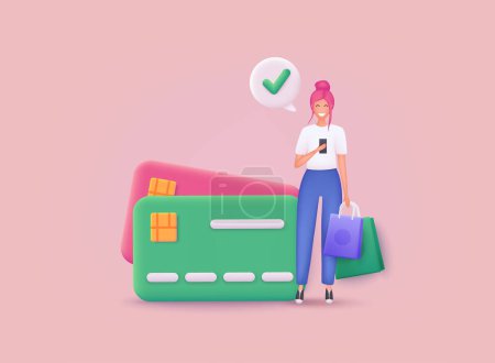 Illustration for Online shopping on application and website concept, digital marketing online. Credit card and finance concept. 3D Vector Illustrations. - Royalty Free Image
