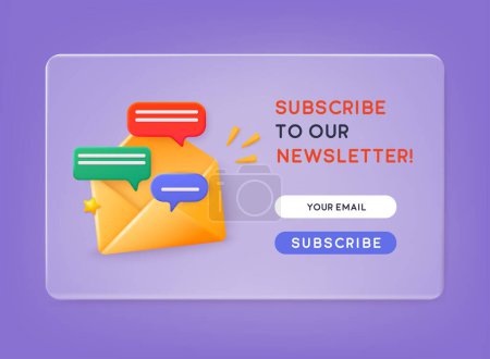 Illustration for Subscribe to newsletter. Vector illustration for online marketing and business. Open envelope with letter on phone. Sign up to mailing list. 3D Web Vector Illustrations. - Royalty Free Image