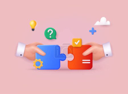 Illustration for 3D jigsaw puzzle pieces symbol of teamwork. Problem-solving, business challenge in 3d hand of connection jigsaw puzzle, partnership success. 3D Web Vector Illustrations. - Royalty Free Image