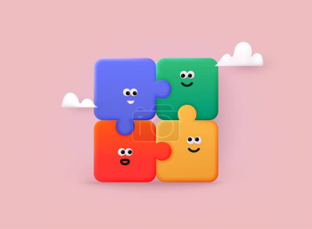 Illustration for Jigsaw puzzle. Cute cartoon face. team concept. Various Emotions. Tiling puzzle. Puzzles parts. 3D Web Vector Illustrations. - Royalty Free Image