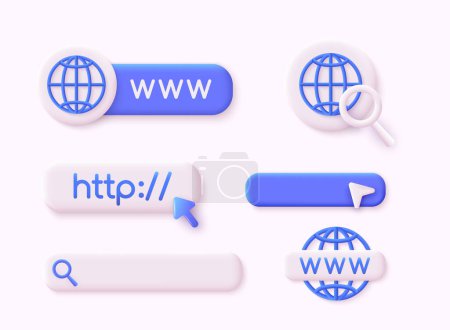 Ilustración de Www colección de iconos. Icono de Internet. Www icono de la barra de búsqueda. Icono de barra de navegación y dirección. Ilustraciones de vectores web 3D. - Imagen libre de derechos