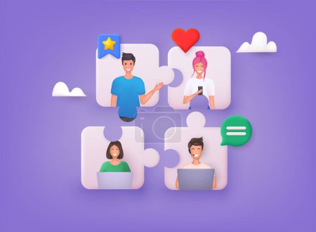 3D jigsaw puzzle pieces symbol of teamwork. Global communication network. Social media communication systems and technologies. 3D Web Vector Illustrations.