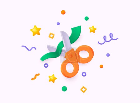 Illustration for Grand opening cutting green ribbon with  colorful bright confetti.  Festive backdrop. Party design with colorful confetti. 3D Web Vector Illustrations. - Royalty Free Image