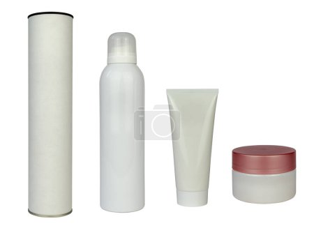 Photo for Different white cosmetic containers - for aroma therapy, foam and hand and face cream - on white background - Royalty Free Image