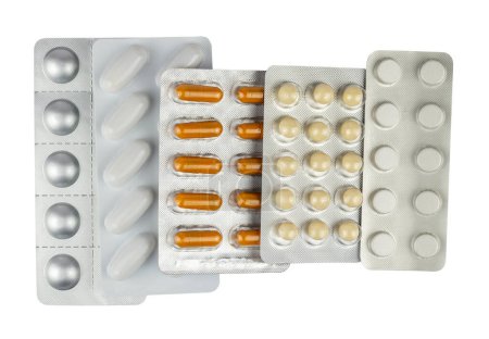 Photo for Set of different tablets, pills and capsules on white background - Royalty Free Image