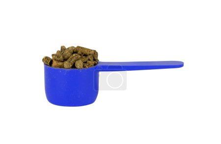 Photo for Small, blue, plastic measuring scoop with veterinary supplement isolated from background - Royalty Free Image