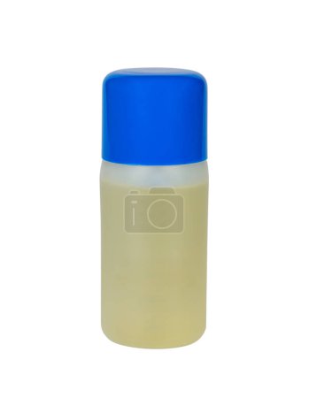 Photo for Bottle with beauty oil with blue lid isolated from background - Royalty Free Image