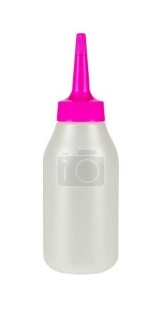 Photo for Cosmetic plastic container with pink dispenser for hair color isolated from background - Royalty Free Image