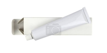 Photo for White cream tube on its white box isolated from background - top view - Royalty Free Image
