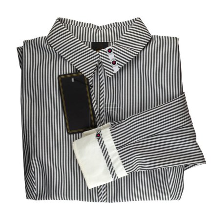 Photo for Black and white elegant shirt with stripes for business woman, with a blank label, isolated - Royalty Free Image