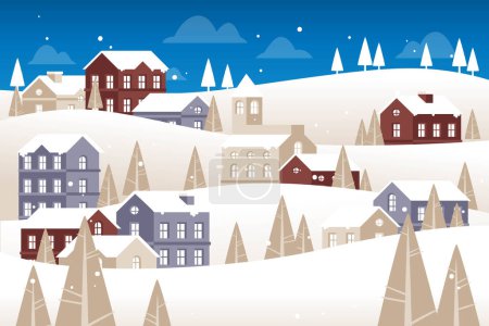 Téléchargez les illustrations : Dessin à la main village d'hiver dessin vectoriel illustration - en licence libre de droit