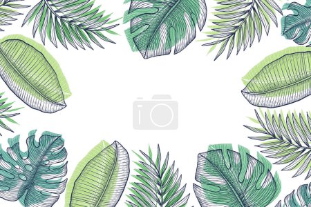 Téléchargez les illustrations : Gravure dessin à la main feuilles tropicales fond vectoriel dessin illustration - en licence libre de droit