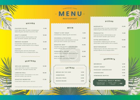 Photo pour Modèle de menu restaurant avec illustration de design vectoriel feuilles tropicales - image libre de droit
