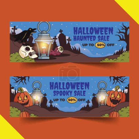 Téléchargez les illustrations : Illustration vectorielle de conception de saison d'Halloween dessin à la main modèle de bannière horizontale - en licence libre de droit