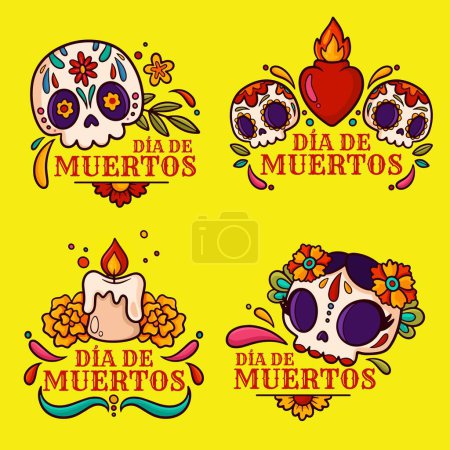 Illustration for Hand drawn badges collection dia de muertos celebration design vector illustration - Royalty Free Image