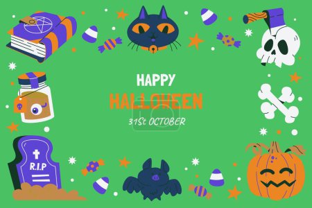 Téléchargez les illustrations : Fond plat saison d'Halloween avec motif chat noir pierre tombale illustration vectorielle - en licence libre de droit