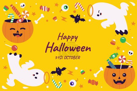 Téléchargez les illustrations : Fond plat saison d'Halloween avec fantômes conception de bonbons illustration vectorielle - en licence libre de droit