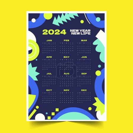 Téléchargez les illustrations : Modèle de calendrier 2024 coloré en illustration vectorielle de conception de style imprimable - en licence libre de droit
