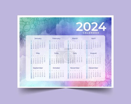 Téléchargez les illustrations : Modèle de calendrier 2024 coloré en illustration vectorielle de conception de style imprimable - en licence libre de droit
