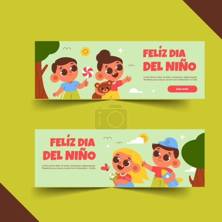 Téléchargez les illustrations : Gabarit de bannière horizontale célébration de la journée des enfants illustration vectorielle de conception espagnole - en licence libre de droit