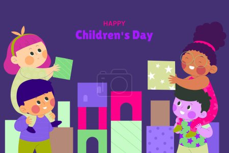 Téléchargez les illustrations : Plat fond monde enfants jour célébration conception vectoriel illustration - en licence libre de droit