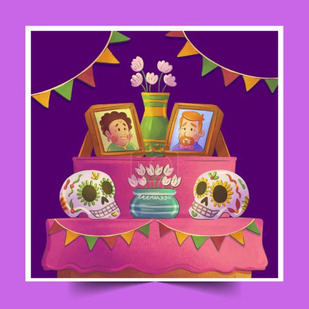 Ilustración de Acuarela dia de muertos familia altar hogar diseño vector ilustración - Imagen libre de derechos