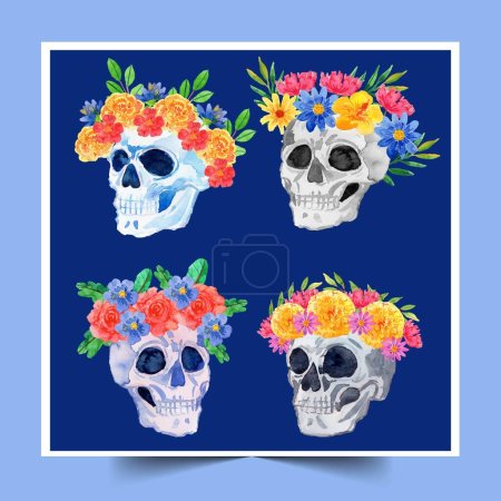 Téléchargez les illustrations : Aquarelle dia de muertos crânes collection design illustration vectorielle - en licence libre de droit