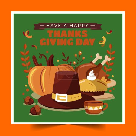 Téléchargez les illustrations : Thanksgiving plat avec chapeau de pèlerin dessin citrouille illustration vectorielle - en licence libre de droit