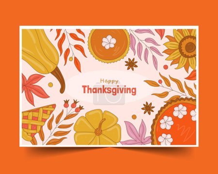 Téléchargez les illustrations : Dessin à la main Thanksgiving fond avec des feuilles de tarte à la citrouille illustration vectorielle de conception - en licence libre de droit