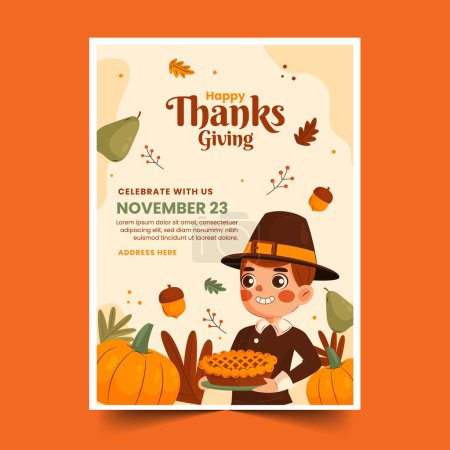 Illustration for Flat thanksgiving invitation template with pilgrim holding pie design vector illustration - Royalty Free Image