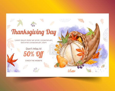 Téléchargez les illustrations : Aquarelle horizontale bannière modèle thanksgiving célébration conception vectoriel illustration - en licence libre de droit
