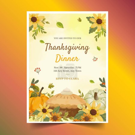 Téléchargez les illustrations : Aquarelle thanksgiving dîner invitation conception illustration vectorielle - en licence libre de droit