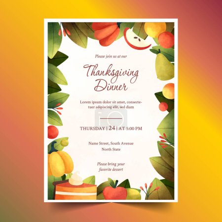 Illustration for Watercolor flyer invitation template thanksgiving celebration design vector illustration - Royalty Free Image