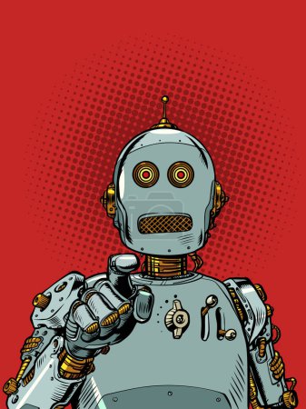 Le robot pointe du doigt. Intelligence artificielle visage et reconnaissance de la personne. Identification IA. Pop art rétro vectoriel illustration kitsch vintage années 50 style 60