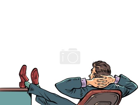 Téléchargez les illustrations : Homme d'affaires se détendre dans la chaise de bureau, penser à de nouvelles tâches, patron au travail. Pop art rétro vectoriel illustration kitsch vintage années 50 style 60 - en licence libre de droit
