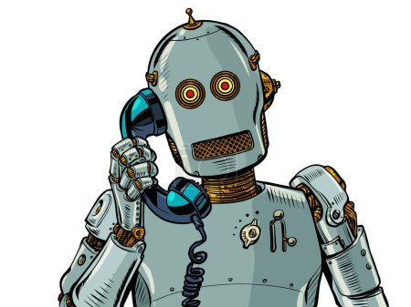 Illustration for A humanoid robot speaks on an old wire telephone. Artificial intelligence answering machine. AI speech generator. Pop art retro vector illustration kitsch vintage 50s 60s style - Royalty Free Image