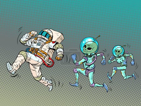 Ilustración de Los alienígenas están persiguiendo a un astronauta. Secuestro. OVNIS y ufología. Pop Art Retro Vector Illustration Kitsch Vintage 50s 60s Style - Imagen libre de derechos