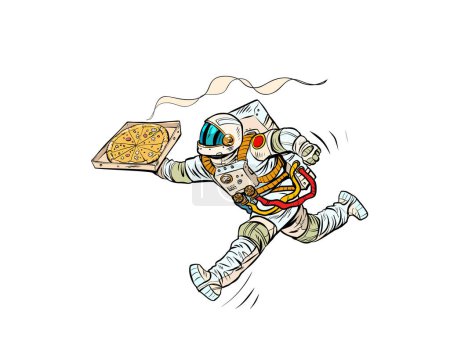 Téléchargez les illustrations : Livraison de pizza astronaute. Courrier spatial. street food, restaurant italien. Pop Art Retro Illustration vectorielle Kitsch Vintage années 50 60 Style - en licence libre de droit