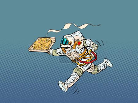 Téléchargez les illustrations : Livraison de pizza astronaute. Courrier spatial. street food, restaurant italien. Pop Art Retro Illustration vectorielle Kitsch Vintage années 50 60 Style - en licence libre de droit
