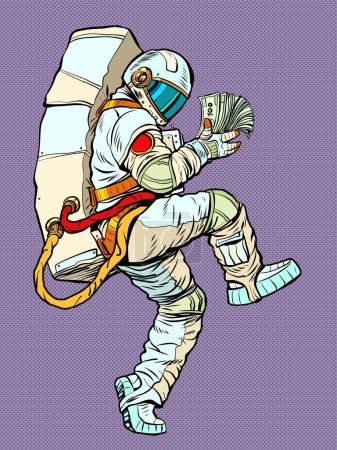 Téléchargez les illustrations : Astronaute tenant la planète entre ses mains un paquet de dollars, l'argent des affaires et le thème de l'économie mondiale. Un homme dans une drôle de posture. pop art rétro vectoriel illustration kitsch vintage années 50 style 60 - en licence libre de droit