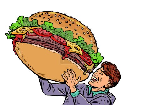 Ilustración de Un hombre alegre y una hamburguesa enorme. Comida callejera comida rápida. Hombre hambriento Felicidad sonrisa positiva. pop art retro comic caricature kitsch vintage 50s 60s style - Imagen libre de derechos